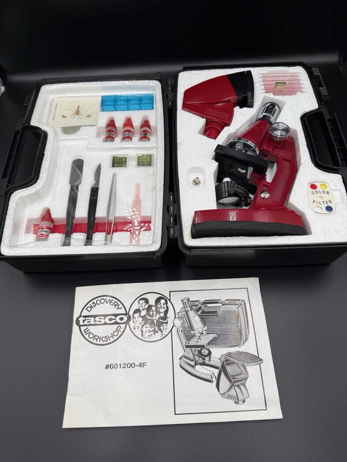 Vintage Tasco red microscope kit, 601200-4F model, includes Carrying Case