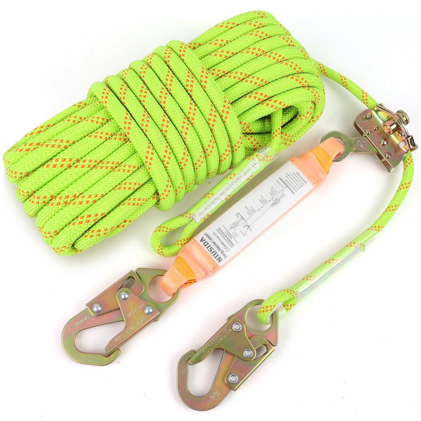 Rope Harness Safety Lanyard 50FT Fall Protection Vertical Roofing Rope with G...