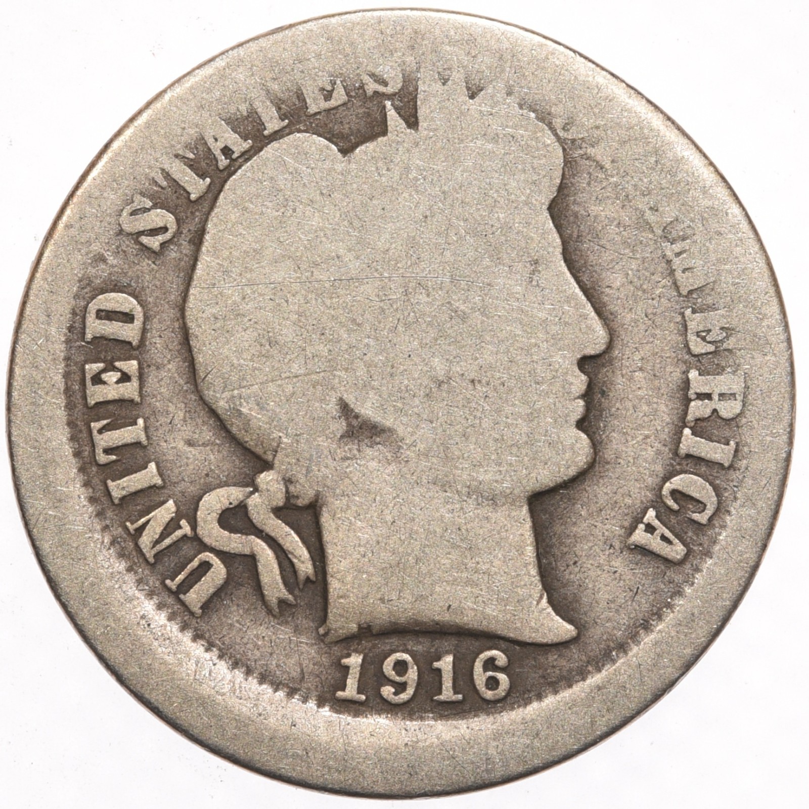 1916 10C AG Broadstruck Off Center Mint Error Silver Barber Dime Well Circulated