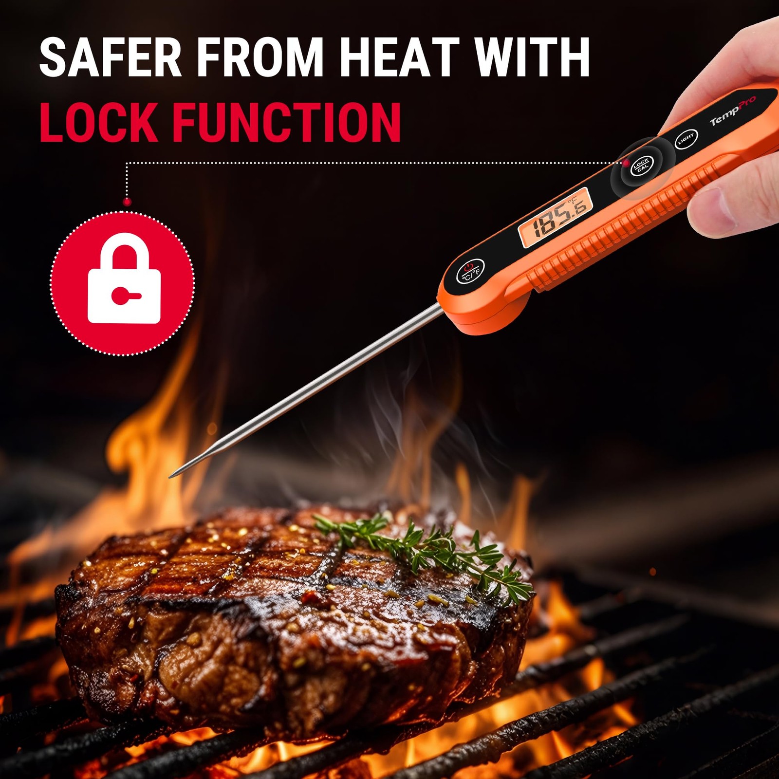 TempPro Digital Instant Read Meat Thermometer for Grilling, Medium, Orange