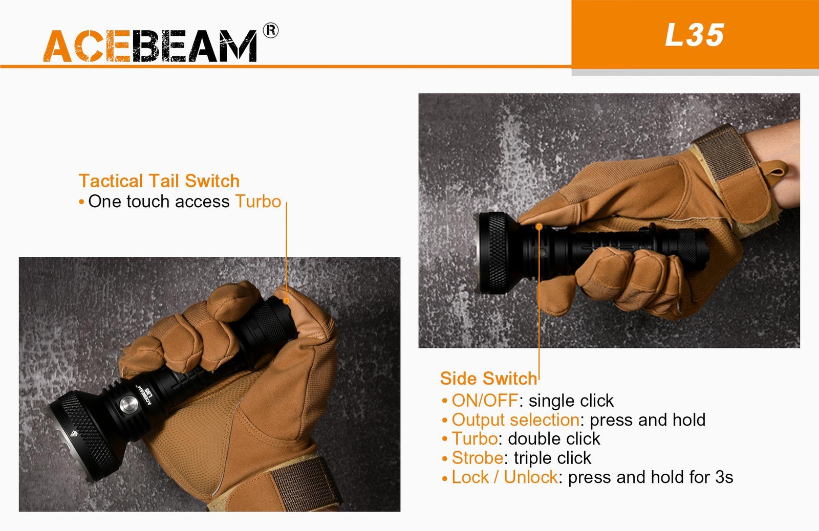 Combo: Acebeam L35 Dual Switch Tactical Flashlight - 5000 Lumen - w/ 5100mAh 217