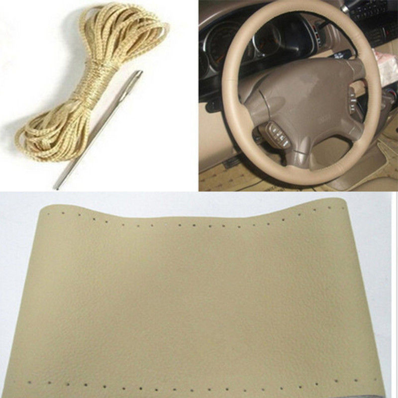 Steering Wheel Cover Genuine Leather Beige For Ford F-150 F-250 F-350 Super Duty