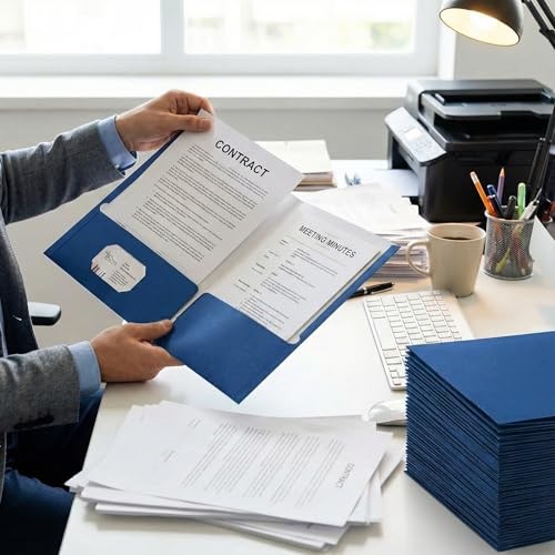 File folders with Pockets,Blue Two folders for documents,50 Pack Paper