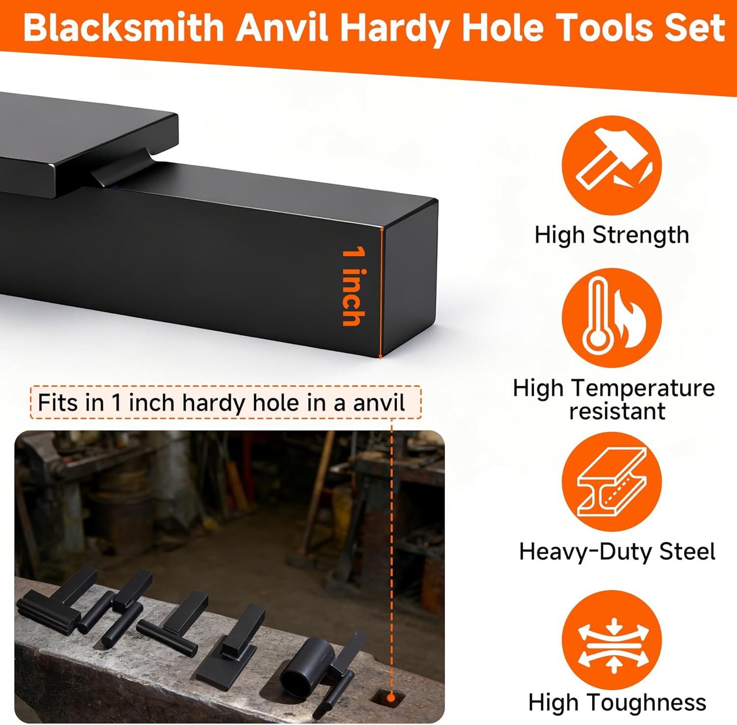 5 Piece 1" Blacksmith Anvil Hardy Hole Tools Set Blacksmithing Forging Kit