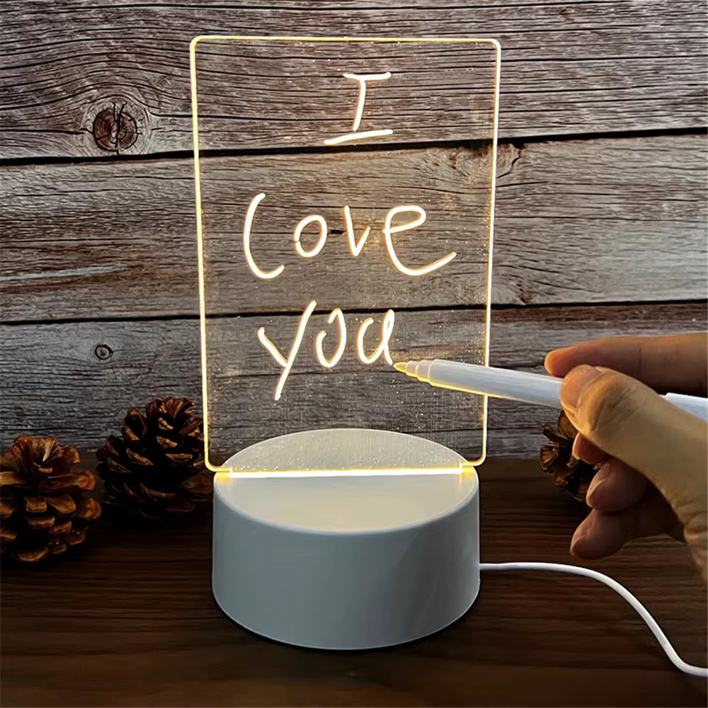 LED Acrylic Message Board Night Light Erasable Memo Pad Glow Desk Lamp USB