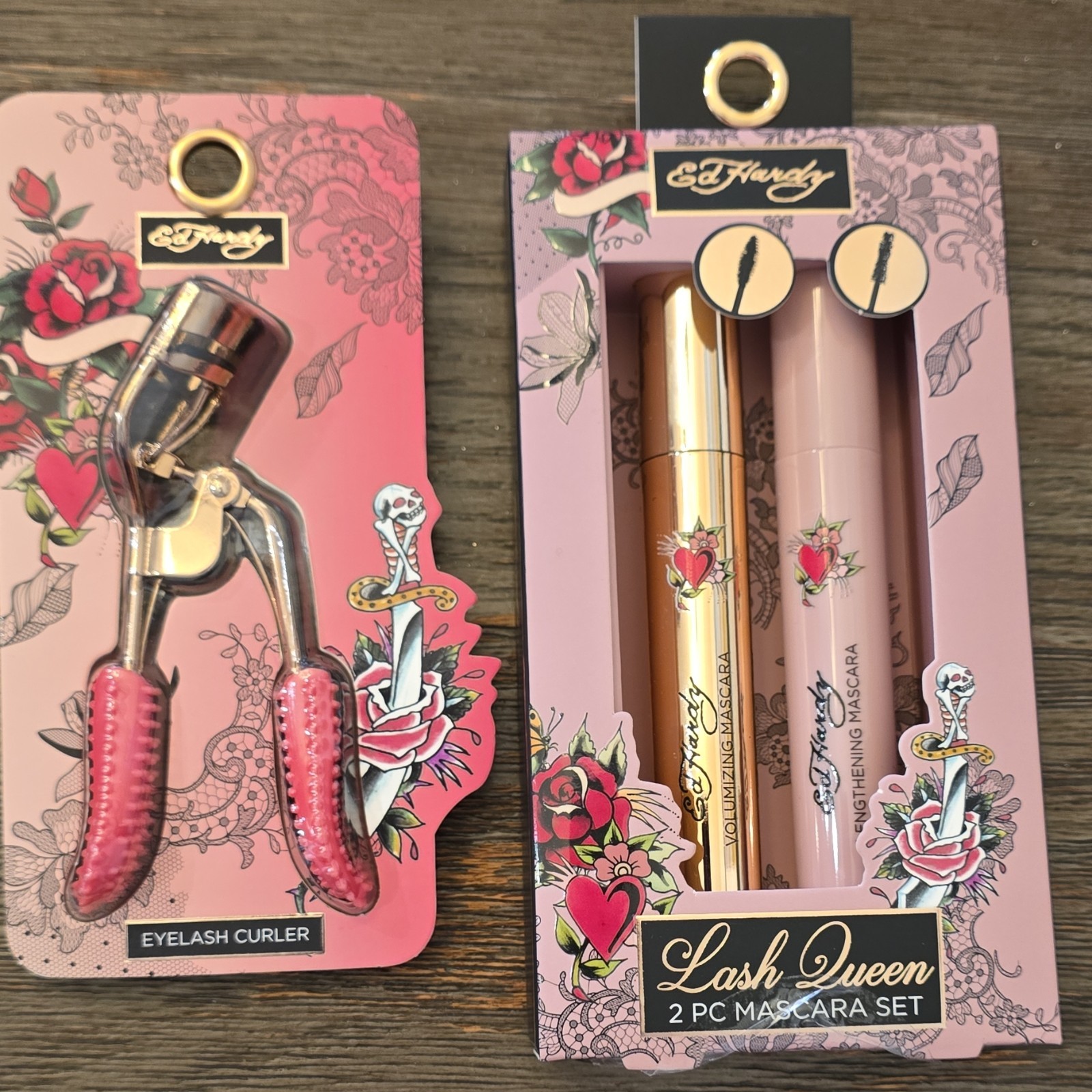Ed Hardy Eyelash Curler Lash Queen Set Pink Silver Metal Plastic