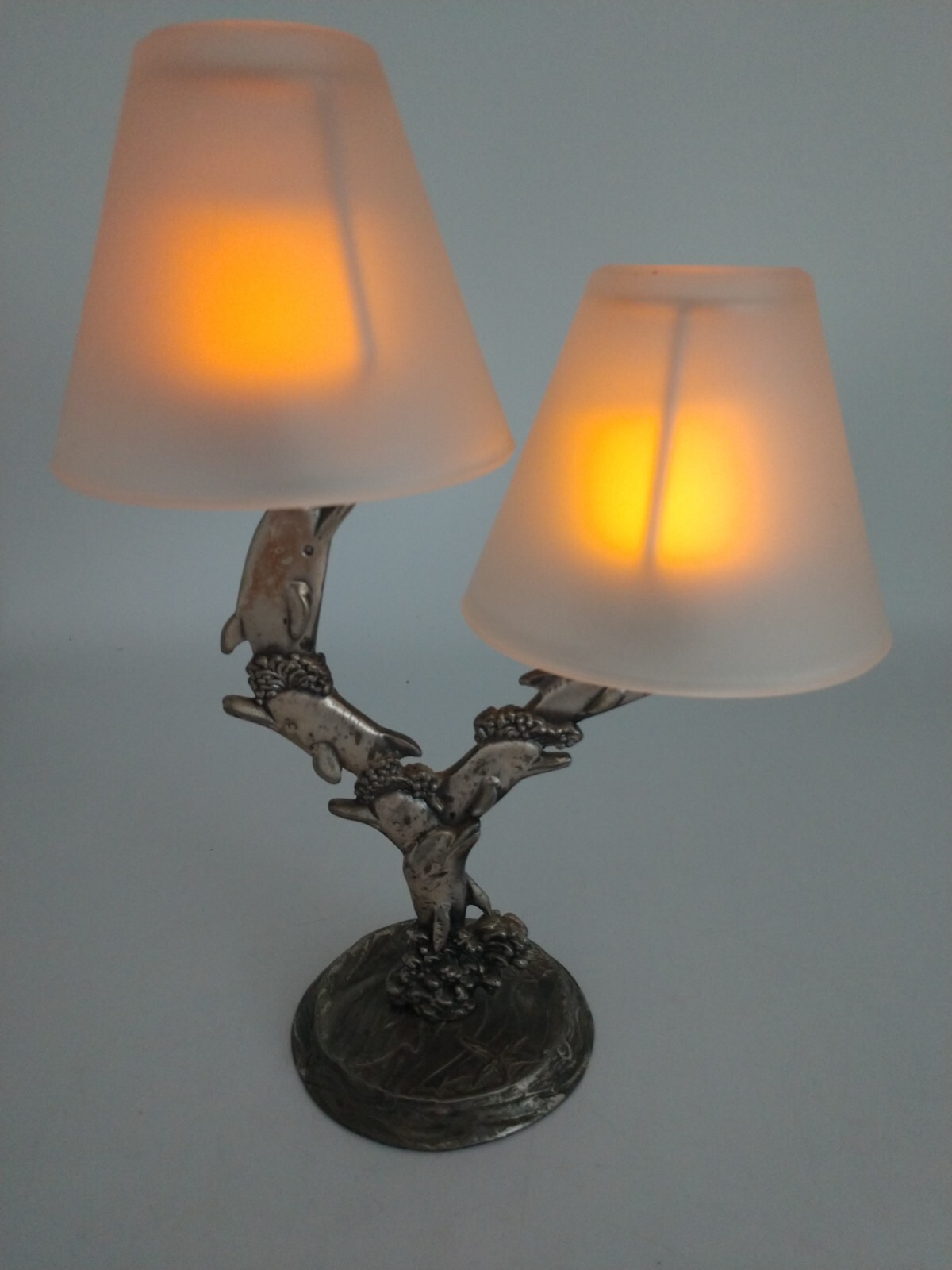Dolphin Tealight Metal Double Lights Shades 10 inches tall 6 figurines waves