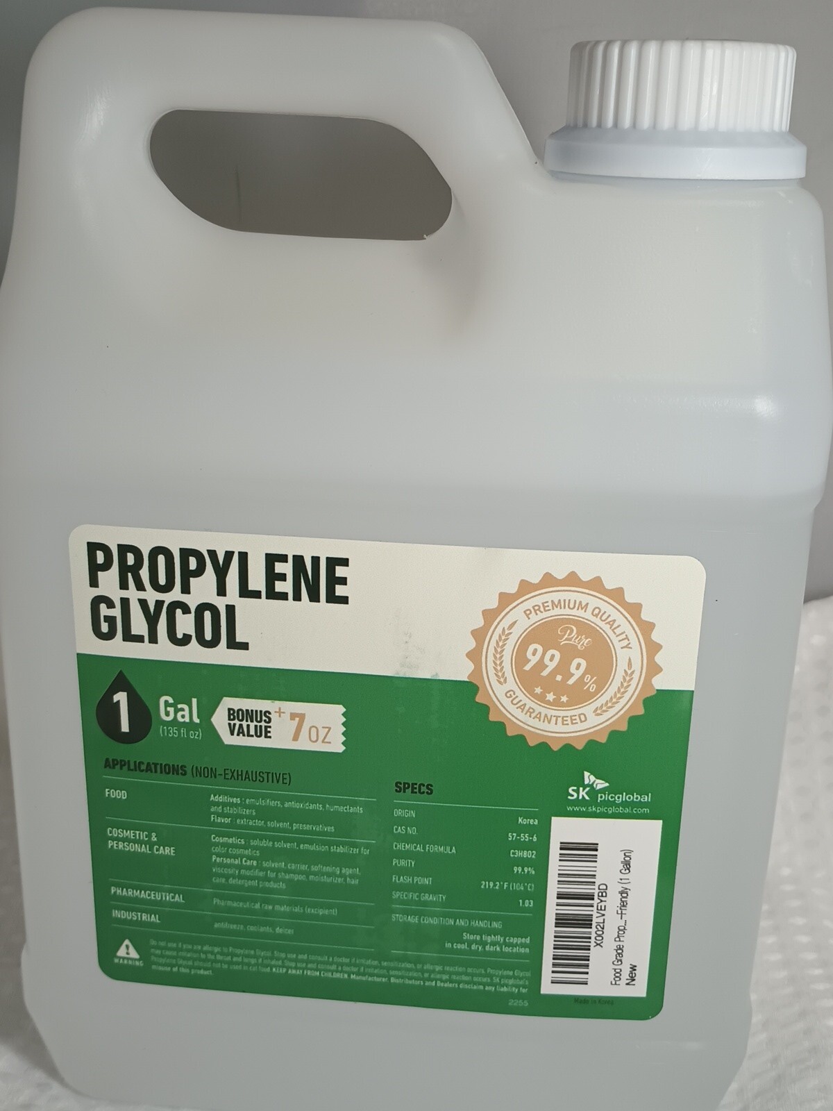 PROPYLENE GLYCOL 99.9% High Purity USP Food Grade 1 Gallon Jug + EXTRA 7 oz
