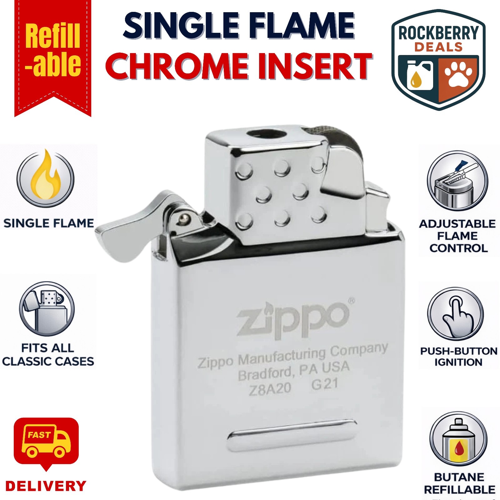 Zippo Single Flame Butane Chrome Refillable Lighter Insert New Easy light