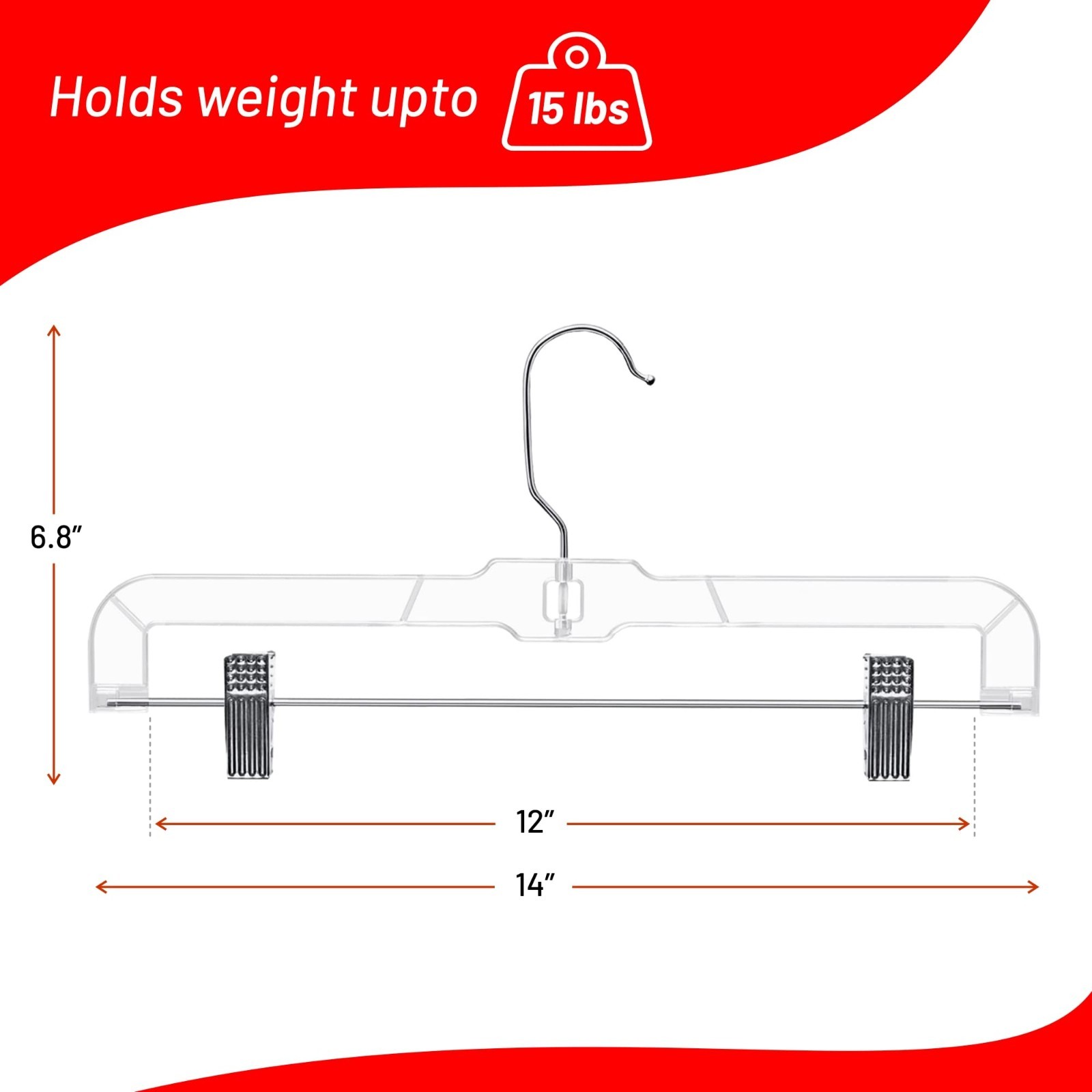 Adjustable Clip Hanger, Plastic Skirt Pants Hanger, Non Slip, Clear, 12 Pack