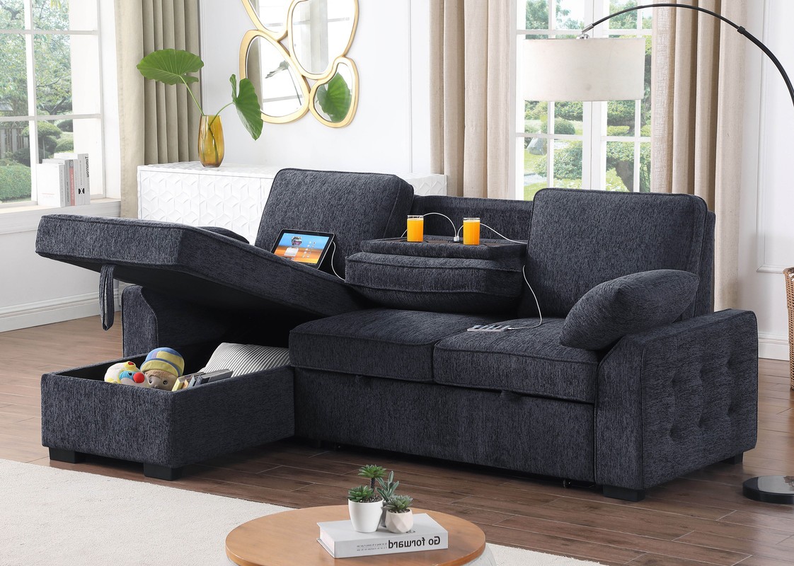 Mackenzie 91"W Charcoal Chenille Rev.Sleeper Sect. Storage+Cuphldrs+USB Ports
