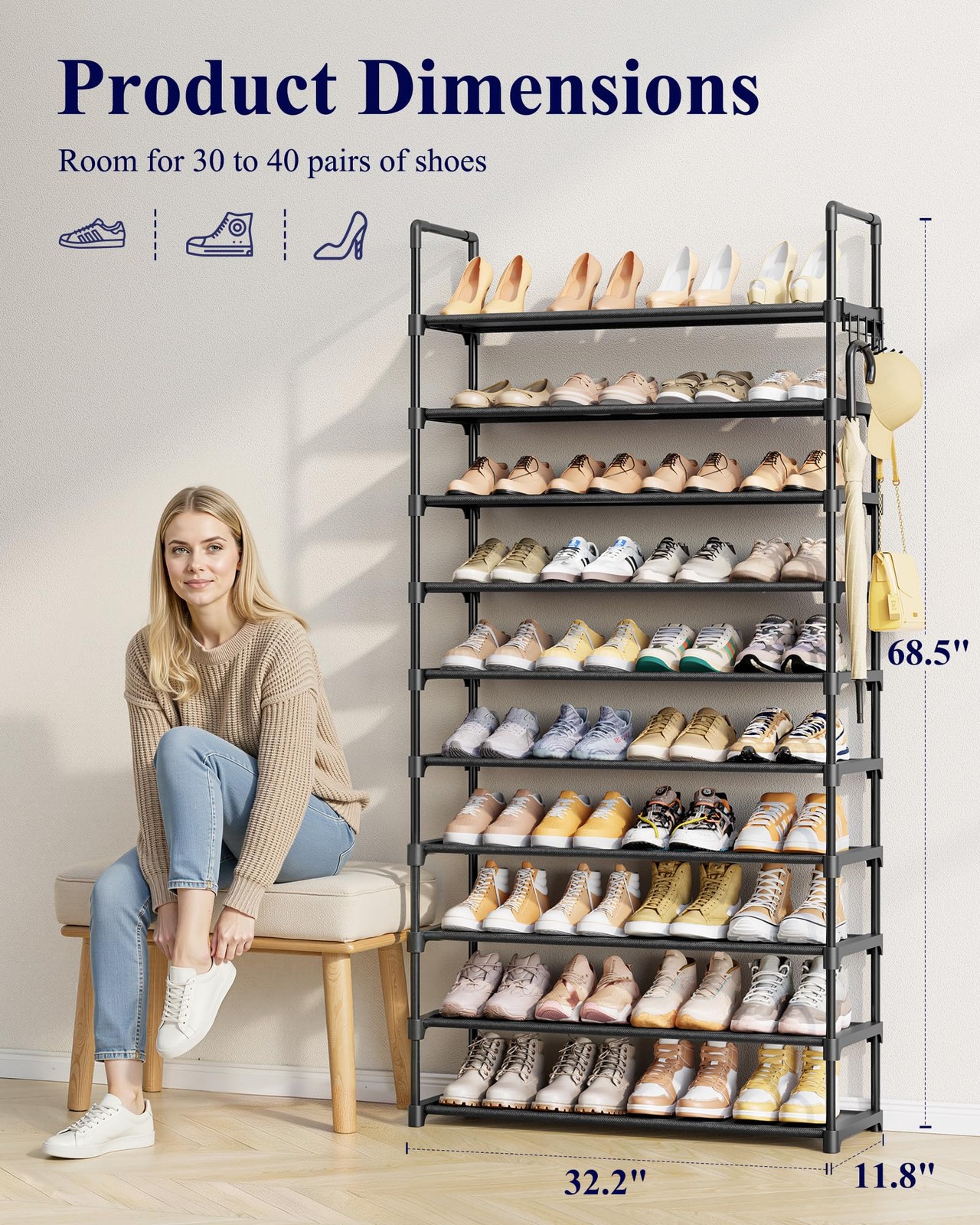 Shoe Rack for Closet 10Tier Shoe Organizer with Hook Rack, LargeCapacity & S...
