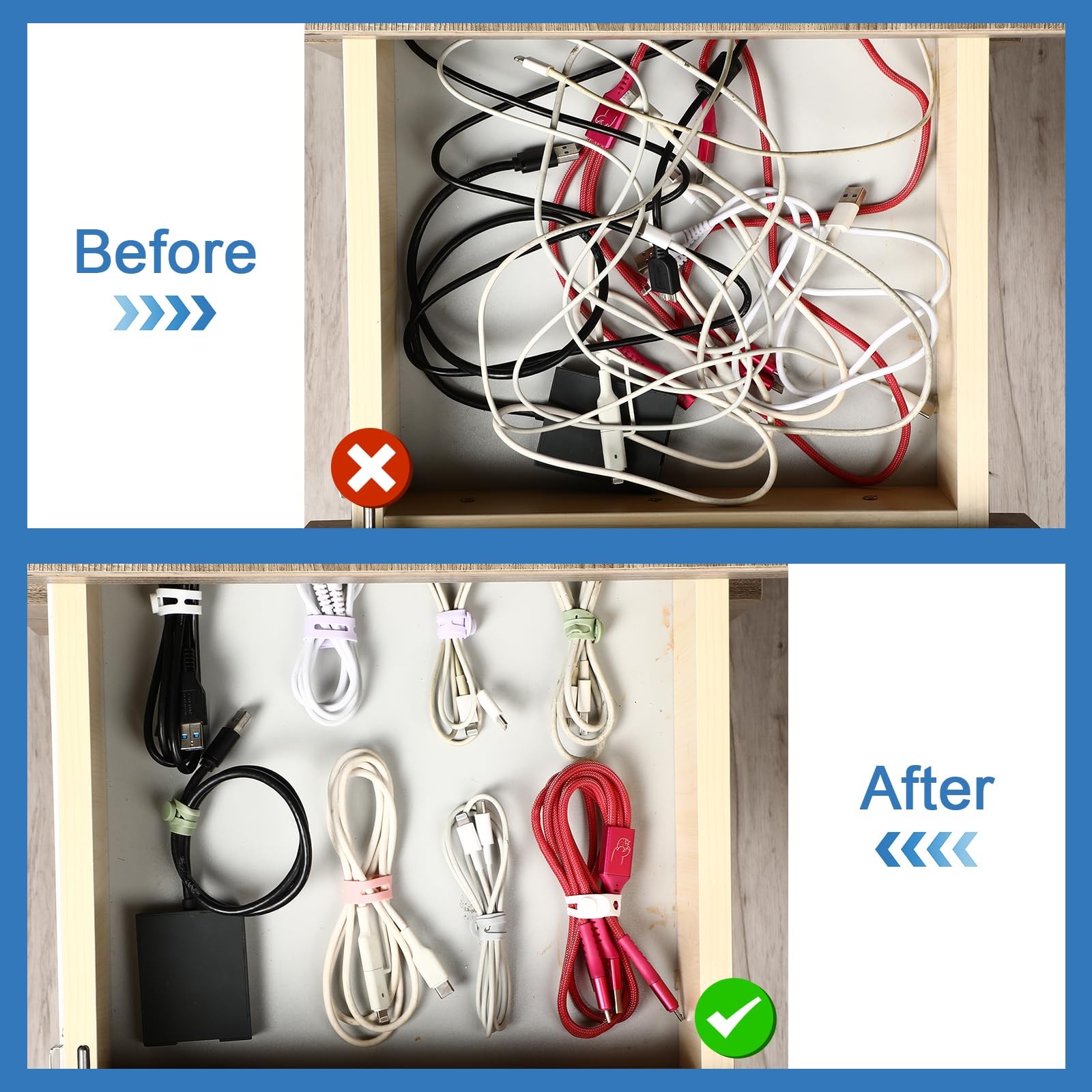 Tellegloww 42 Pcs Silicone Cable Ties Reusable Cord Straps Multipurpose Elast...