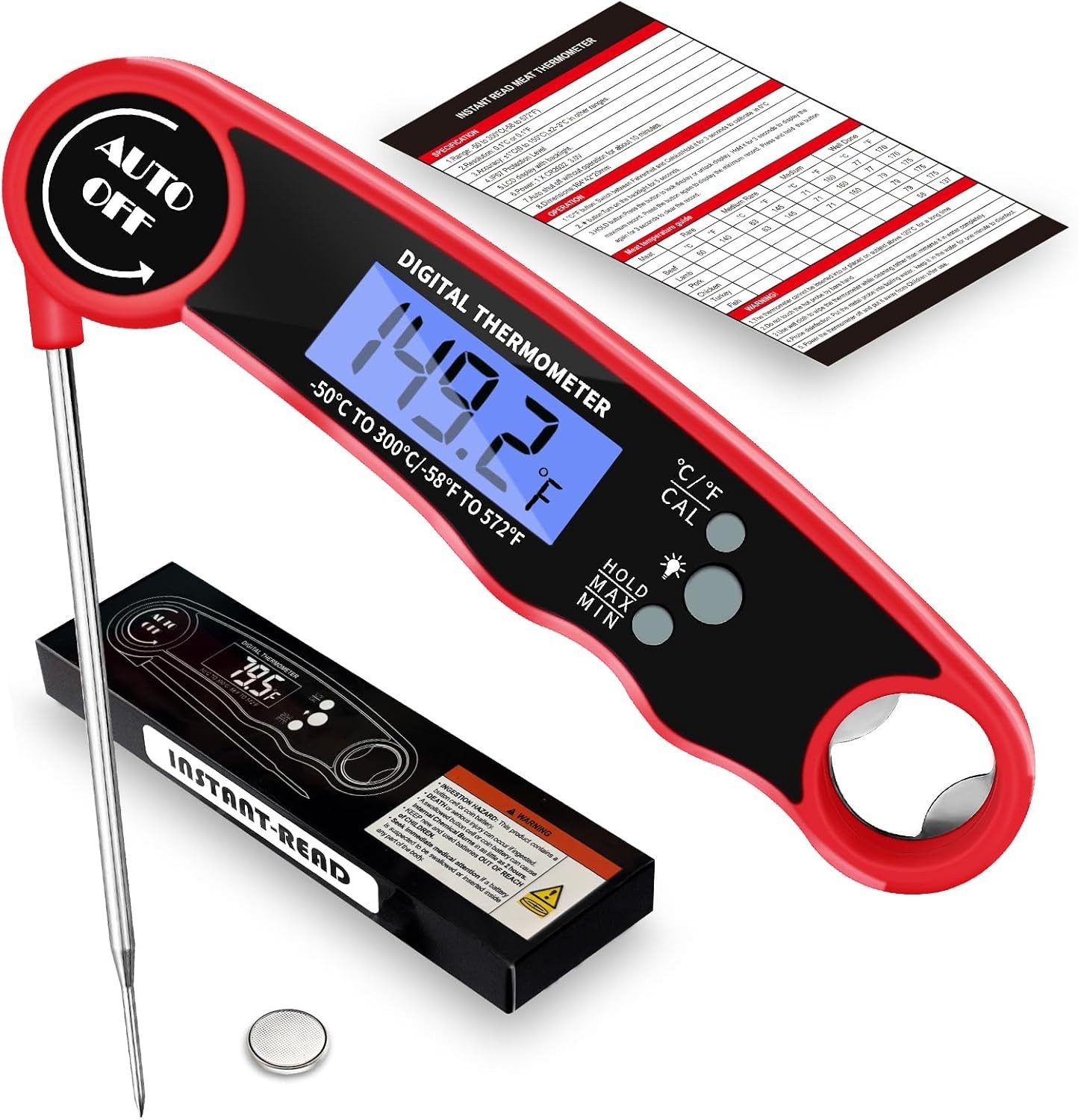 Waterproof Instant Read Digital Meat Thermometer with Backlight