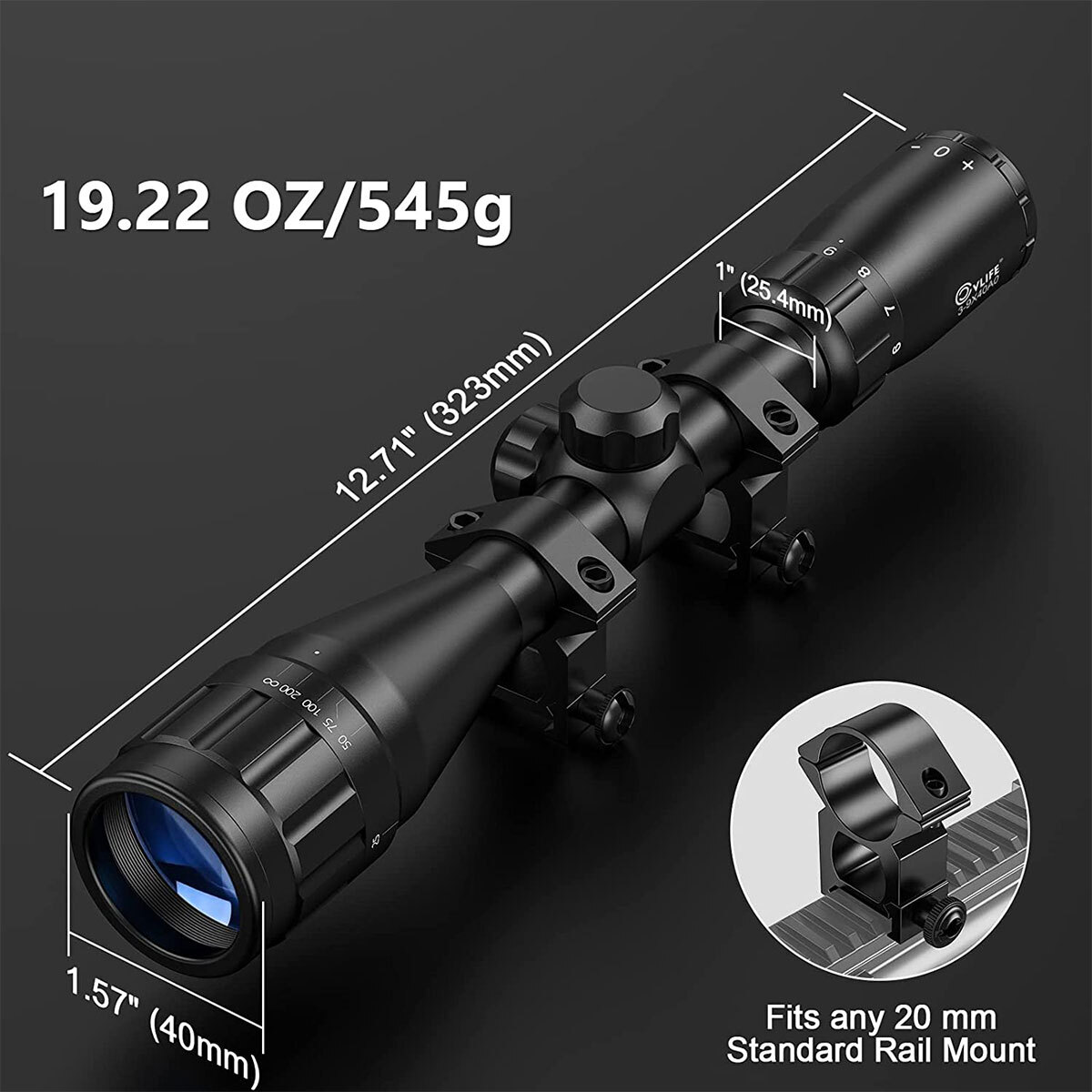 3-9x40AO Rifle Scope Crosshair Reticle Optics Air Gun Scope 20mm Mounts Included