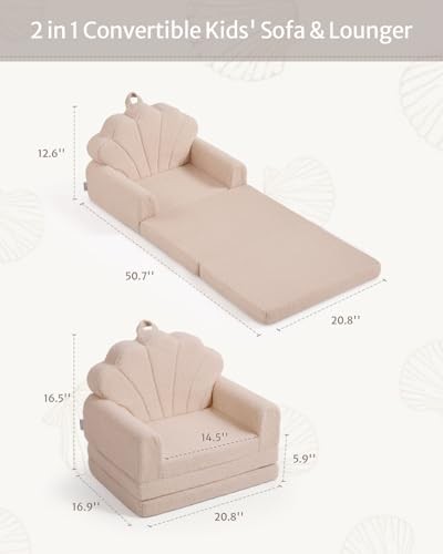Kids Couch, 2-in-1 Soft Toddler Couch Fold Out, Toddler Chair Beige Shell