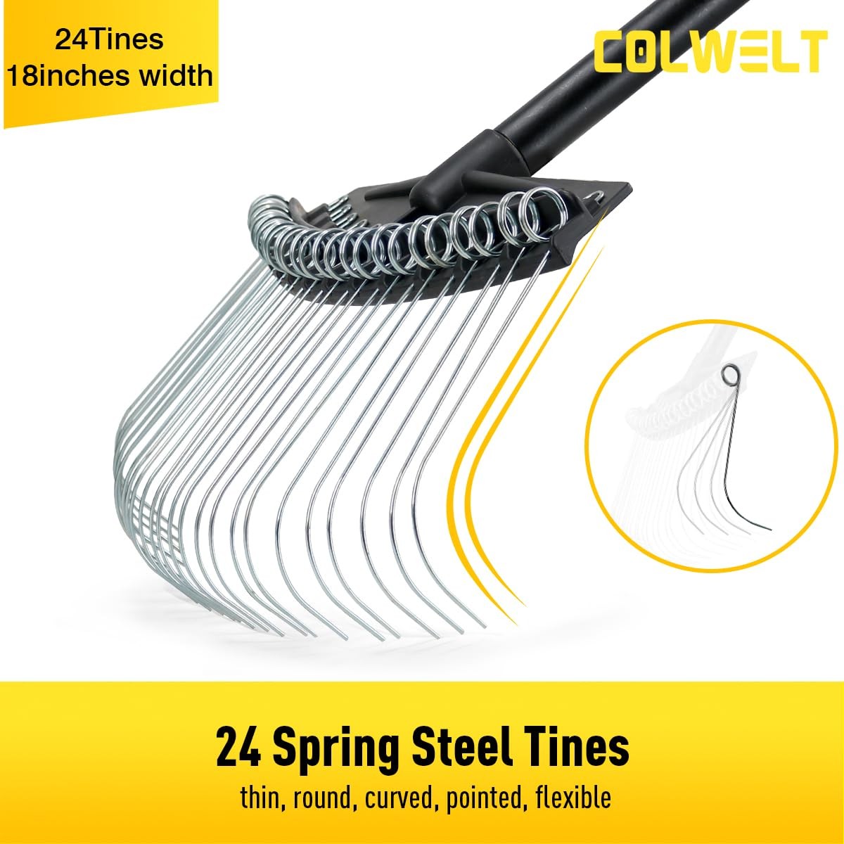 Best Colwelt Thatch Rake, Dethatcher Rake with Thin, Curved Spring Steel Tines
