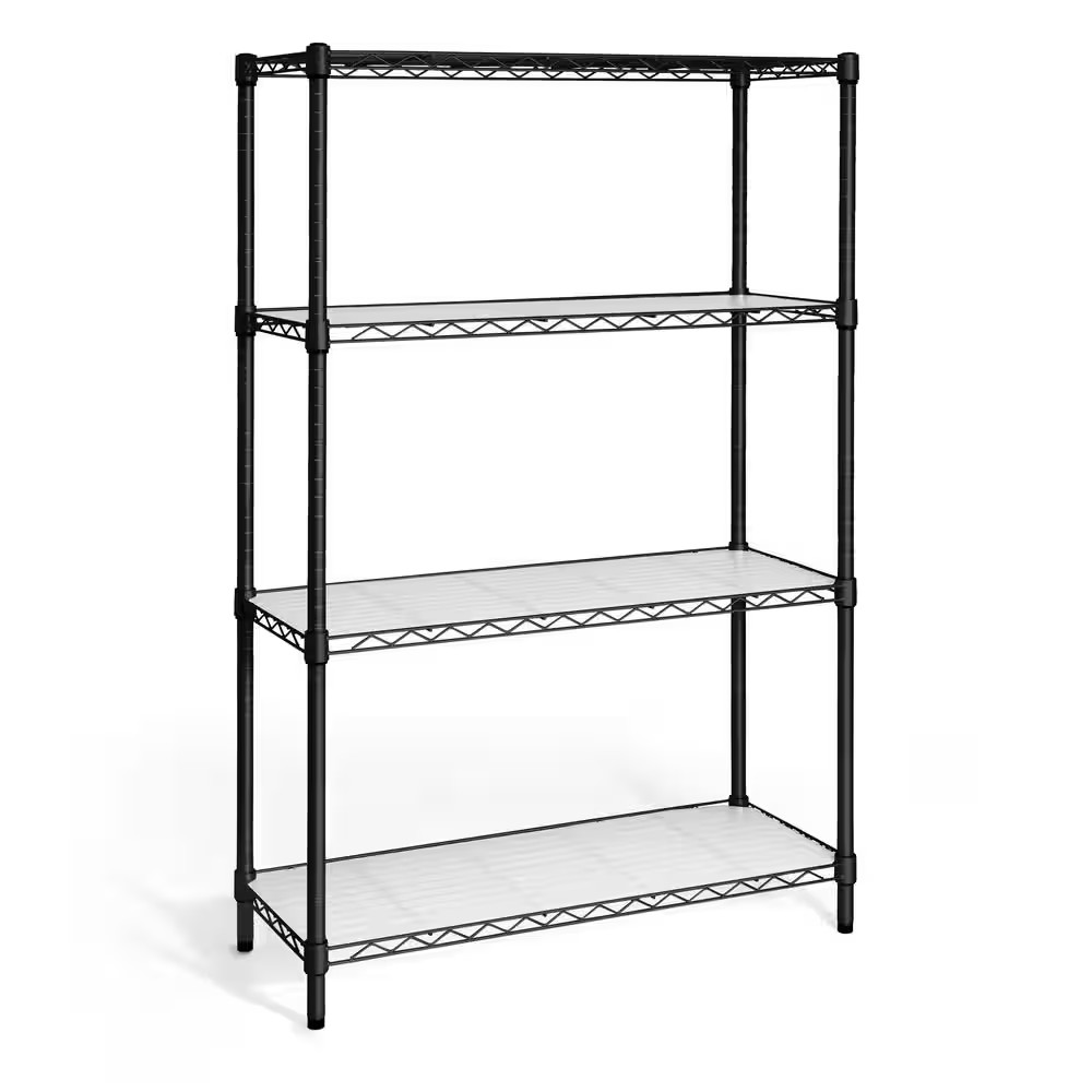 Black 4-Tier Adjustable Height Welded Steel Garage Storage Shelving Unit with Li