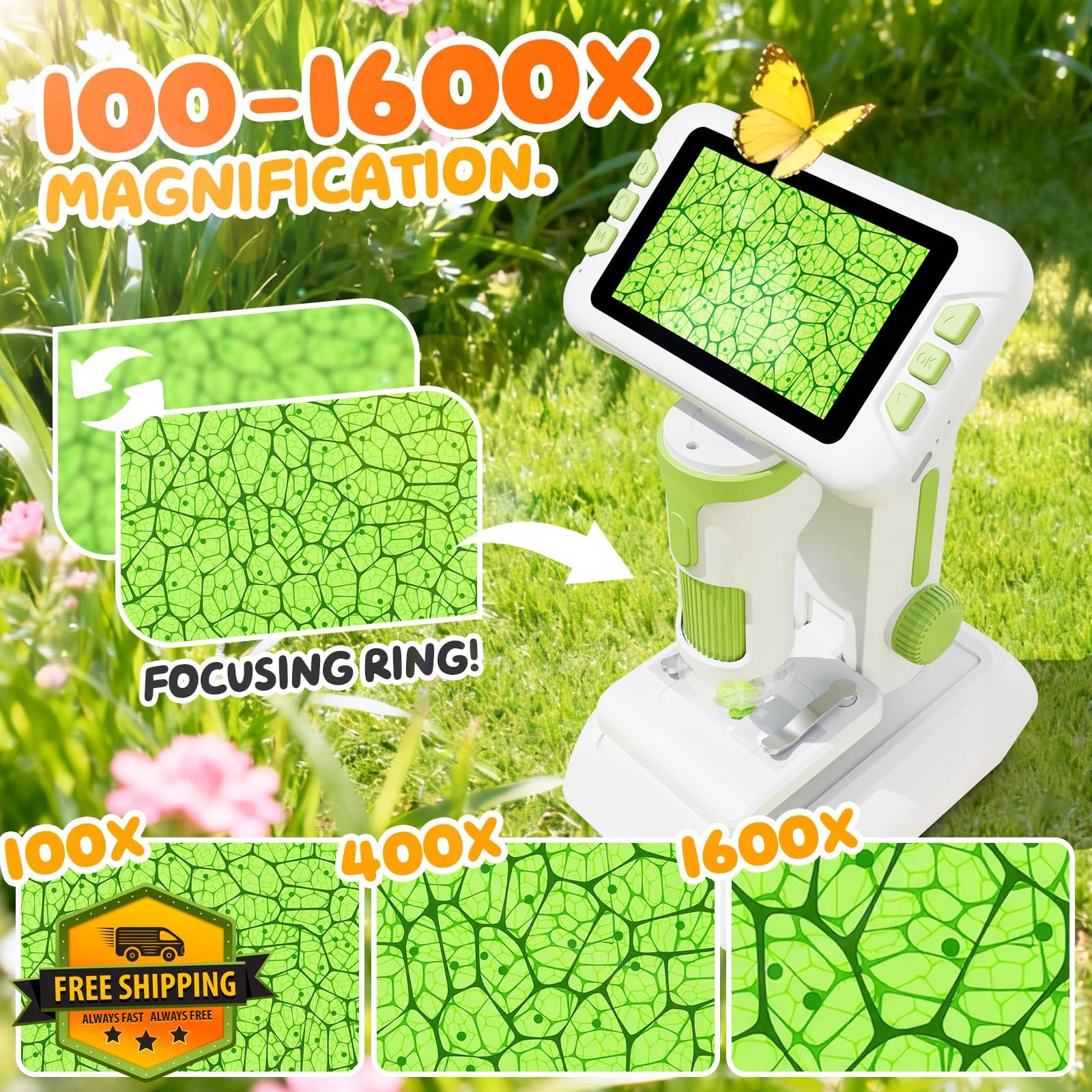 HEWEIMEI 1600X Kids Microscope, 4" Digital Screen, Slides Kit