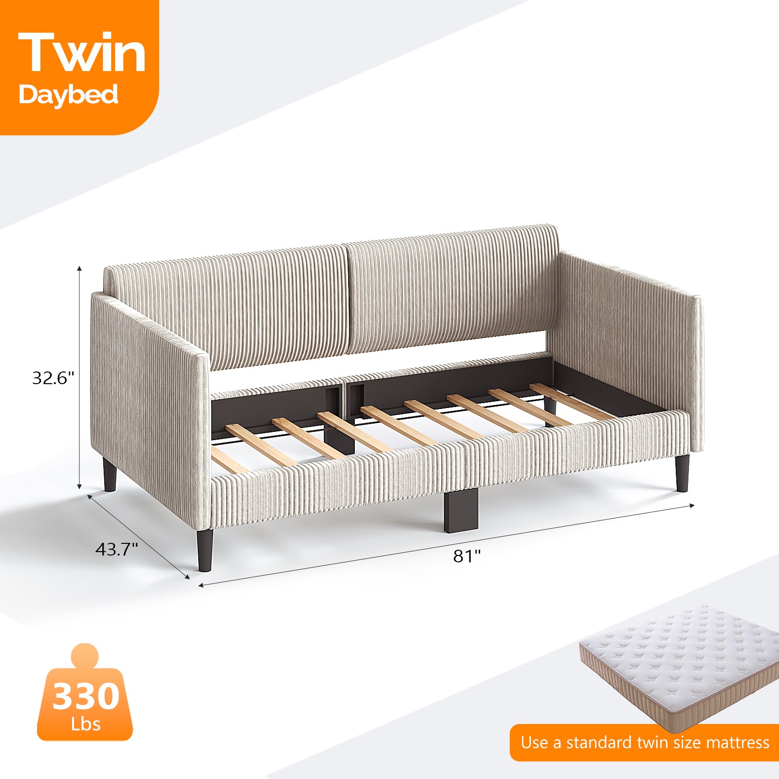 Double corduroy upholstered sofa bed with buttoned backrest and sturdy armrests,