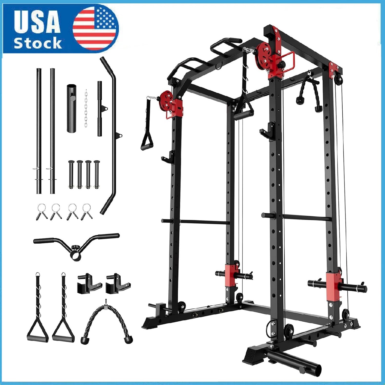 Power Cage Power Rack with LAT Pull Down & Cable Crossover Workout for Home Gym
