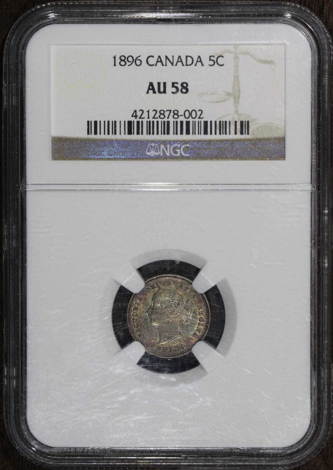 1896 (AU58) Canada 5 Cents 5C NGC - Victoria Rainbow Toning