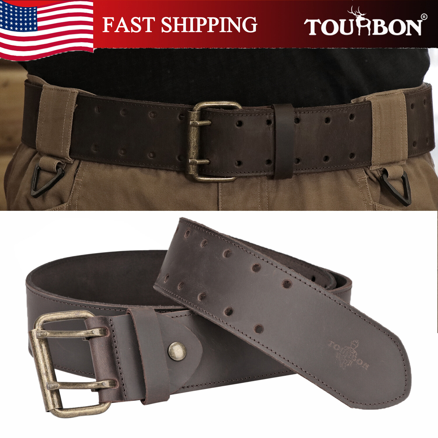 TOURBON 2" Width Leather Work Belt in Heavy Top 30-45"Removable Buckle Tool Belt