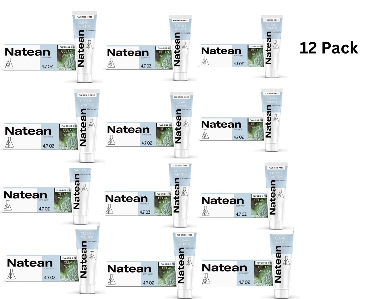 12 X Natean Fluoride Free Whitening Toothpaste, Clean Mint - 4.7 oz EXP 01/2024