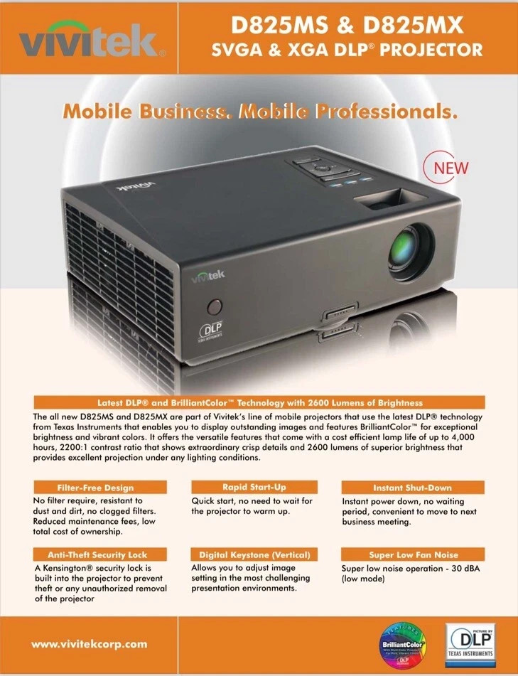 VIVITEK D825MS DLP Projector With Case, Remote, Cables
