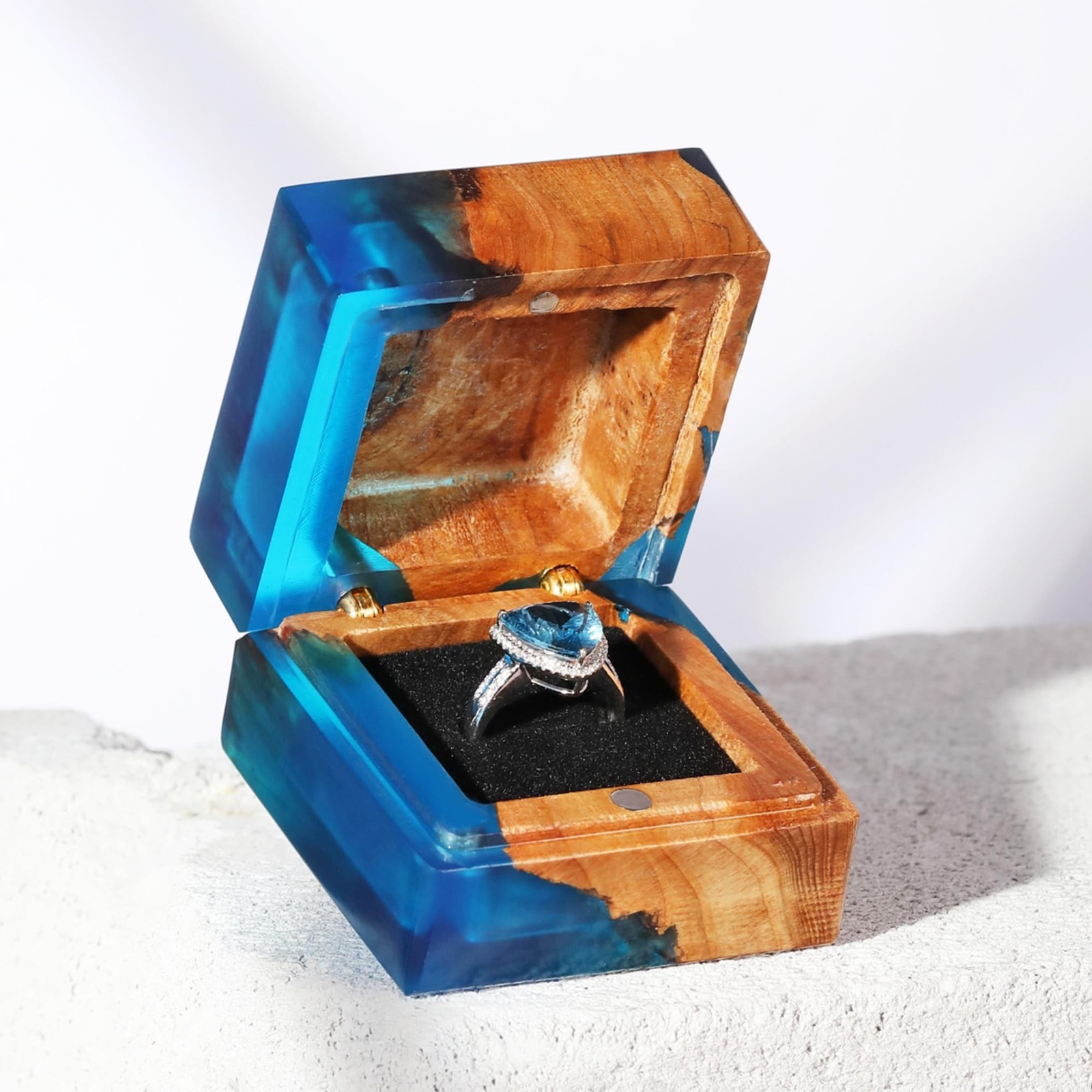 Wedding Ring Box, Blue Engagement Ring Box with Single Slot for Proposal Wedd...