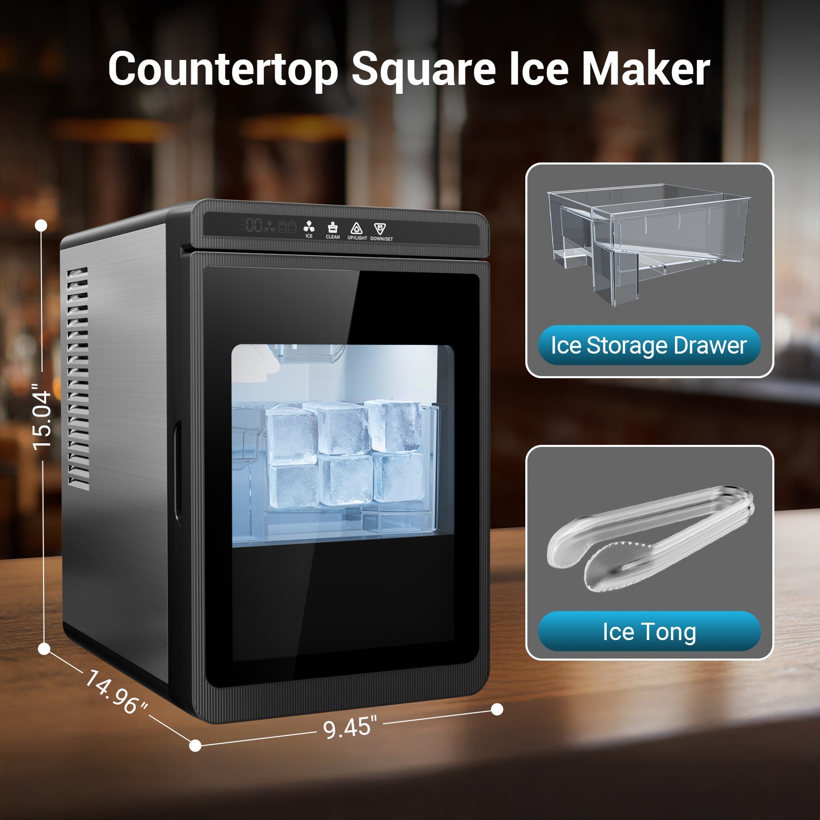 2'' Clear Ice Square Maker Machine,150 PCS/Day,Ice Cube Maker Automatic Cleaning