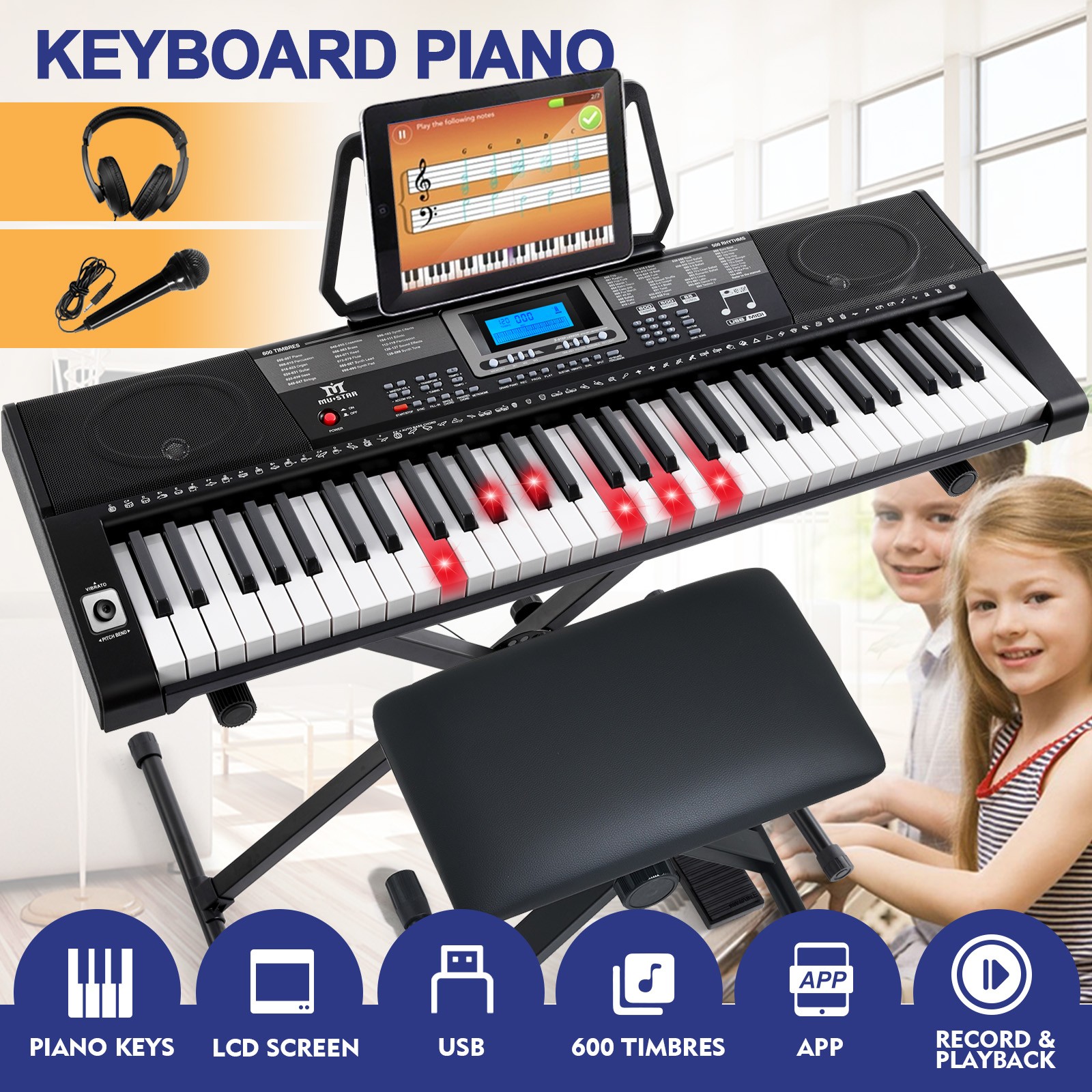 Black 61Key Lighted Up Piano Keyboard with Stool,USB MIDI,LCD,Headset,Microphone
