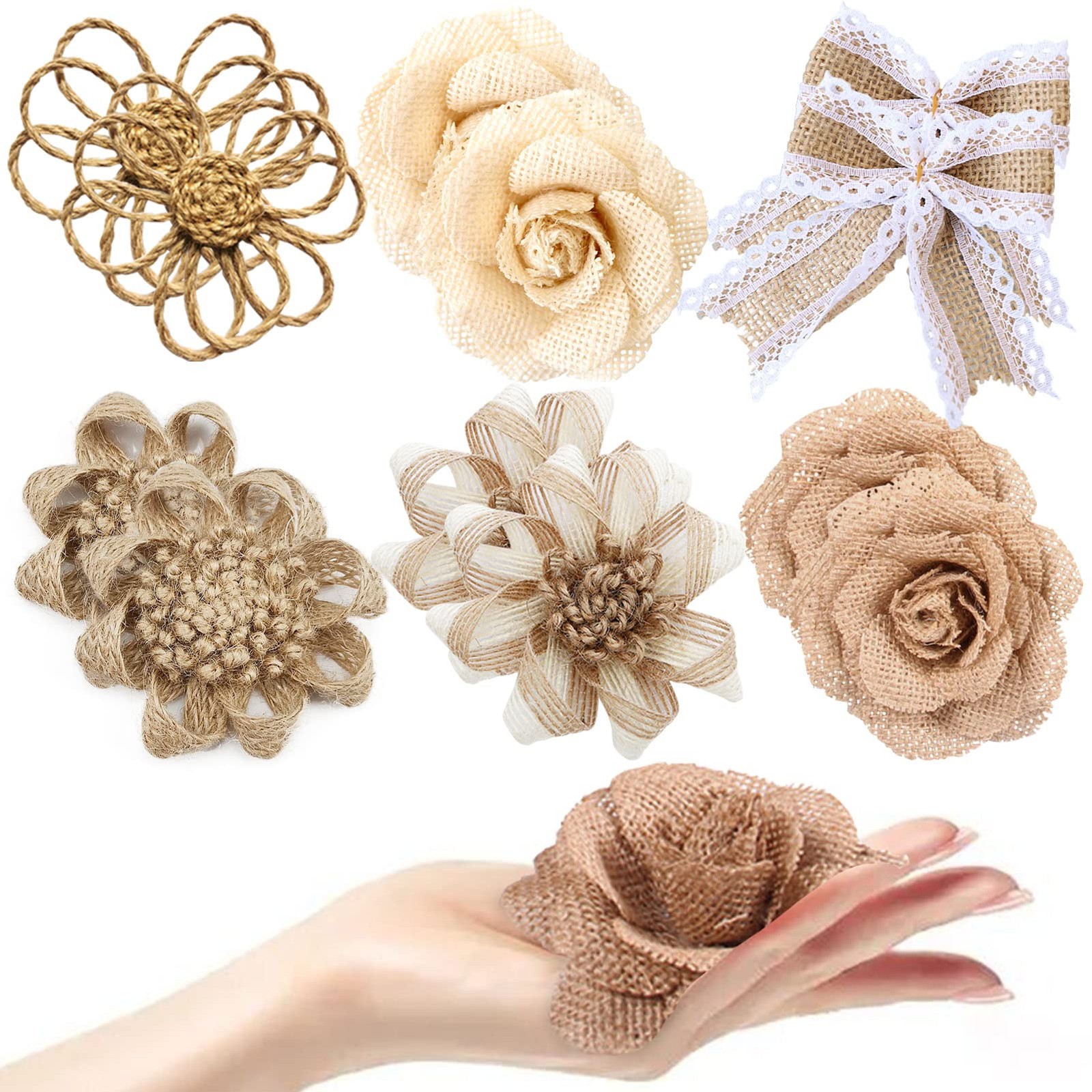 12PCS Large Burlap Flowers for Crafts 3.15 in, Handmade Jute Burlap Roses Emb...
