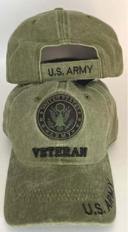 US Army Veteran Olive WASHED Green Cotton Embroidered Cap Hat - Licensed