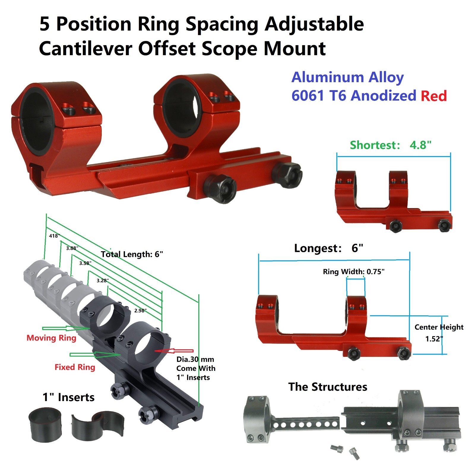 Red Ring Space Adjustable 1"/30mm Offset Cantilever Picatinny Weaver Scope Mount