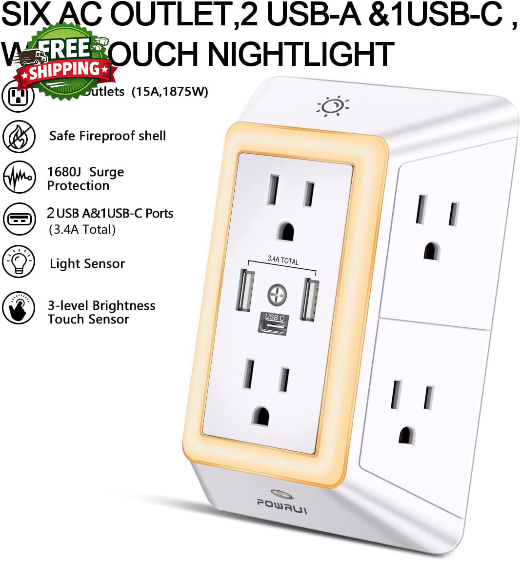 Multi Plug 6 Outlet Surge Protector Extender with 3 USB Ports 1 USB C