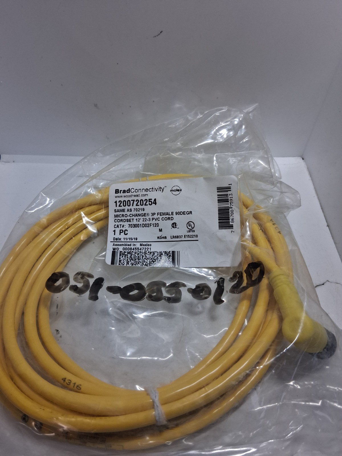 WOODHEAD 1200720254 CORDSET MICRO-CHANGE 3P FEMALE 12' PVC NIB