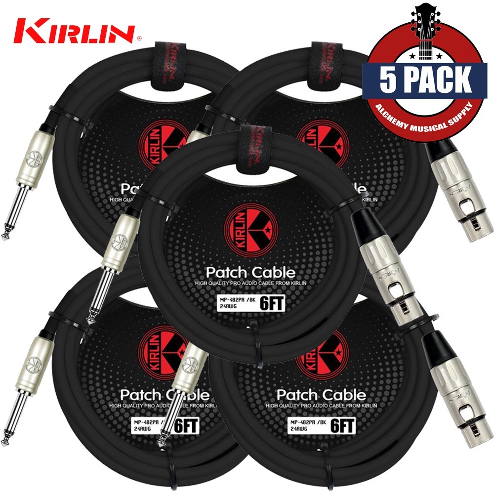 5-PACK Kirlin 6FT 24AWG XLR Female to 1/4" Mono Patch Cable MP-482 PR-06/BK