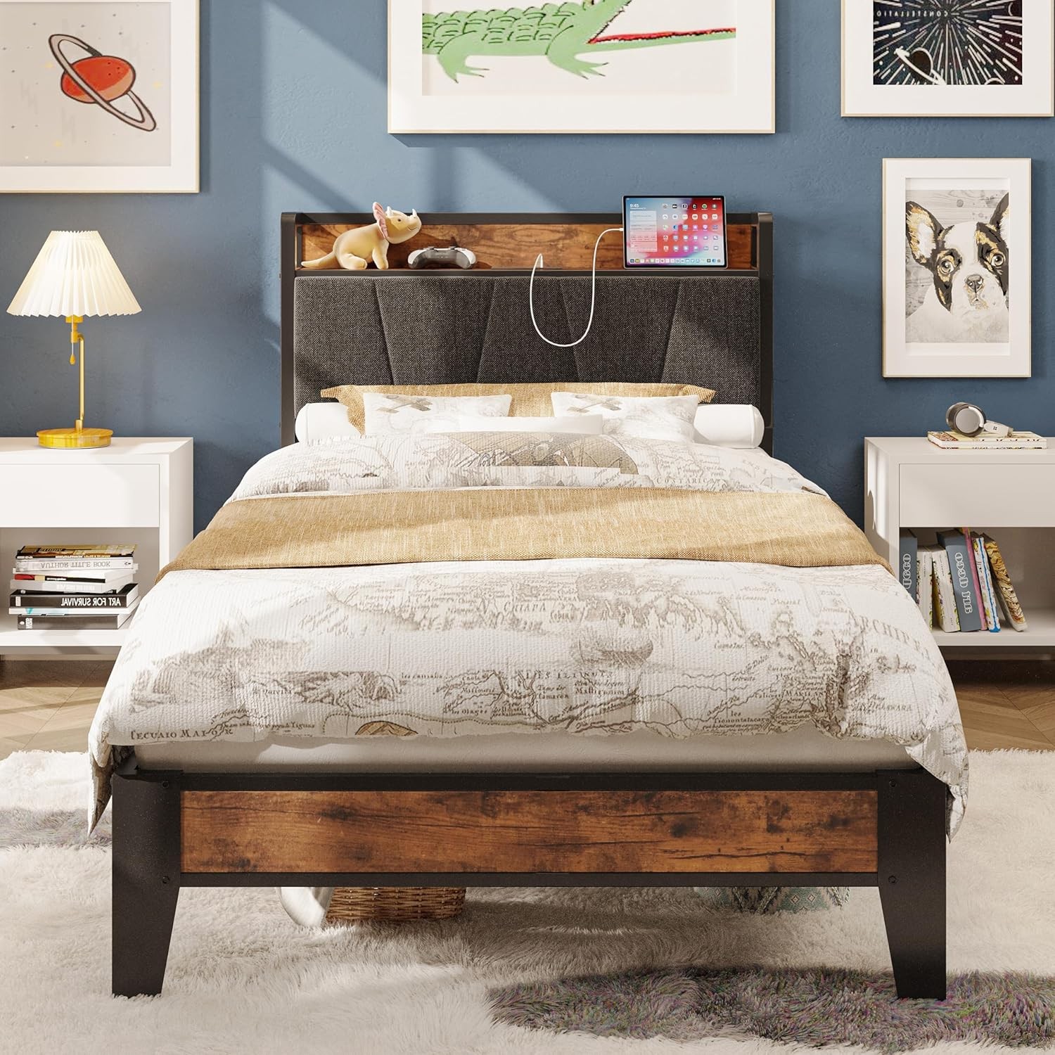 Twin XL Bed Frames, Storage Headboard with Charging Station, Solid and Stable,