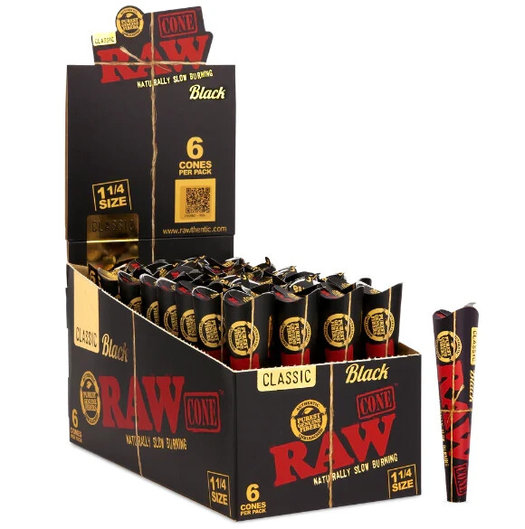 😎RAW BLACK CLASSIC 1 1/4 CONES💥32 PACKS/6 CONES PER PACK (1 FULL BOX)