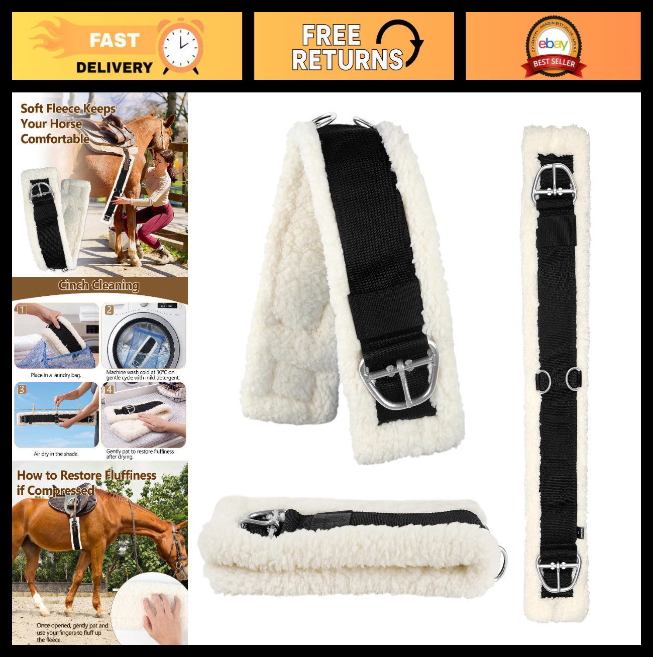 28-34" Western Horse Girth - Soft Fleece Padding, Non-Slip Nylon, Durable Steel