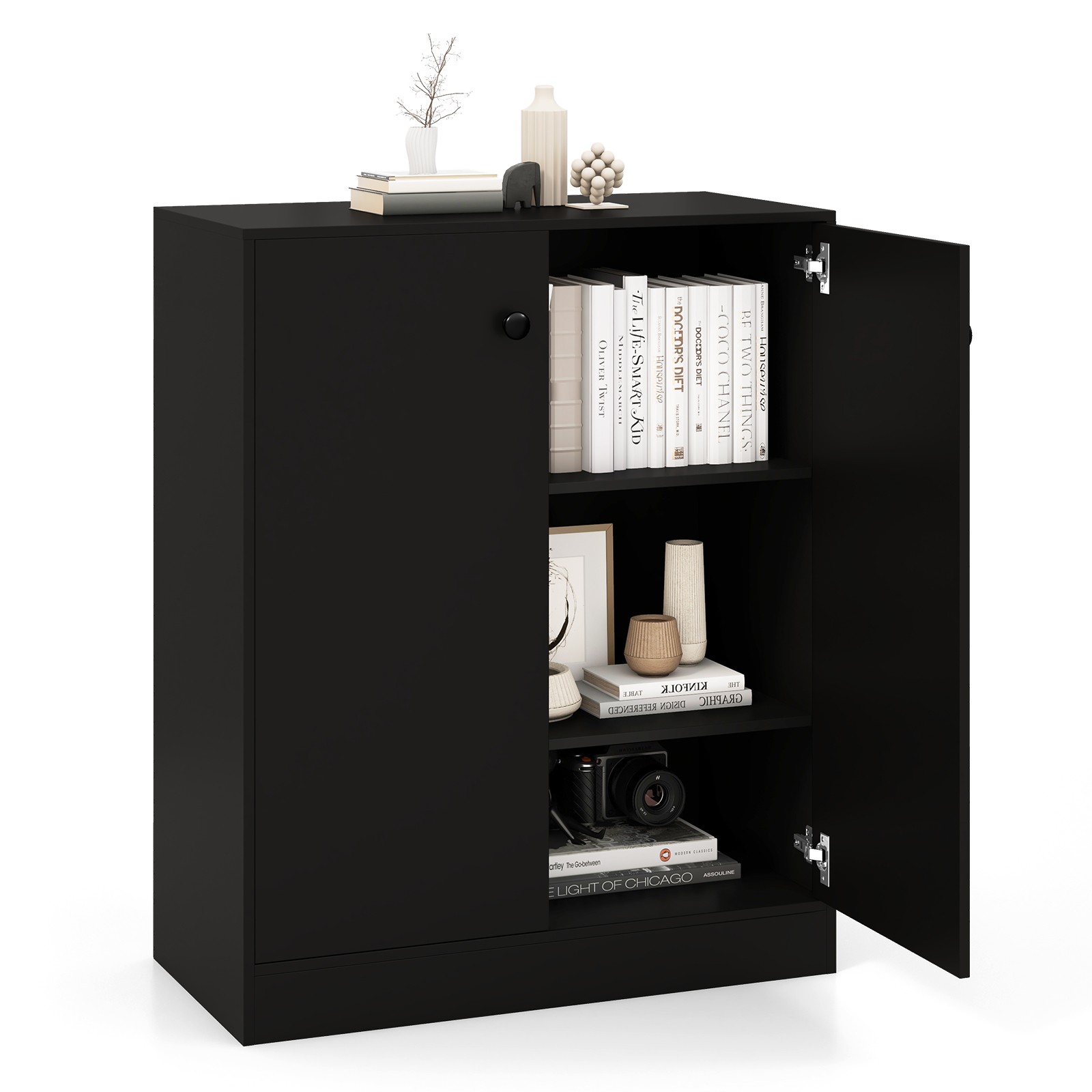 2-Door Storage Cabinet Freestanding Side Cabinet w/ 3-Tier Shelf for Living Room