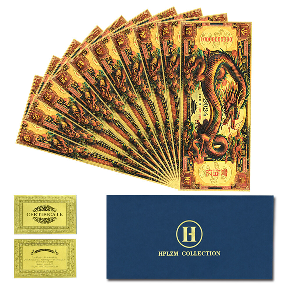 10pcs in Envelope Chinese Dragon 10 Billion Dollars Gold Foil Plastic Banknotes