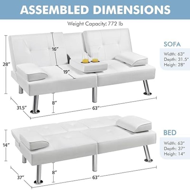 Convertible Sofa Bed Adjustable Couch Sleeper Folding Daybed W/ Cup Holders New