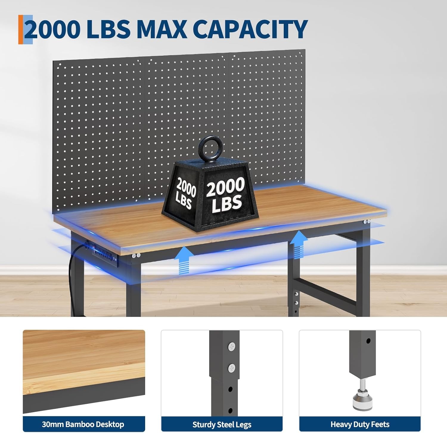 60 Inch Mobile Workbench with Power Outlets, Storage Shelves & Pegboard