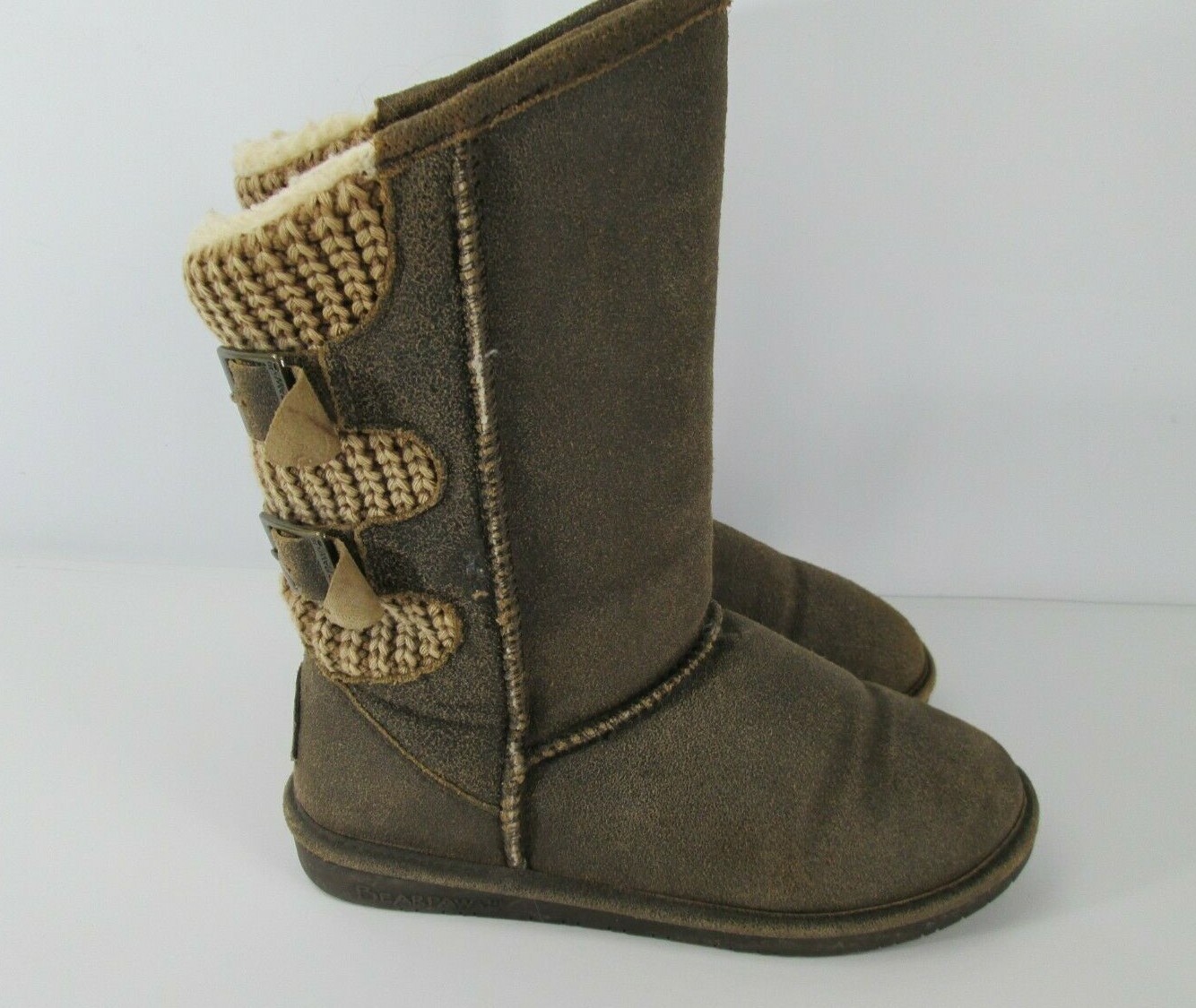 Bearpaw BOSHIE Boots Womens Sz  7 Chocolate Distress Suede & Knit Shearling Line