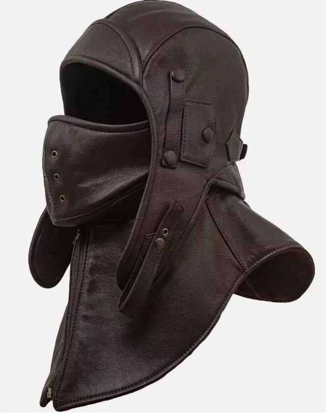 100% Real Leather Aviator Cap with Collar and face cover Tactical Hood Pilot Cap