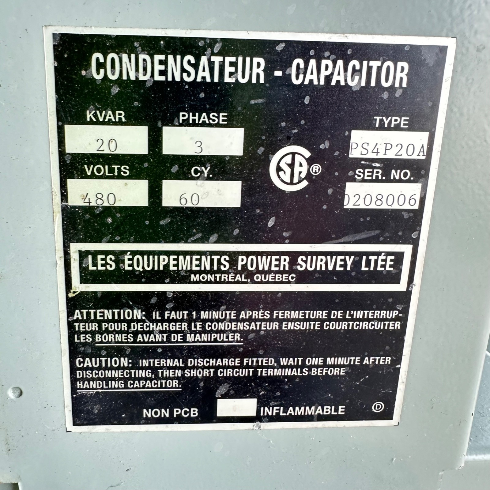 PS Power Survey 480 Volts 3 Phase 20 KVAR Capacitor PS4P20A