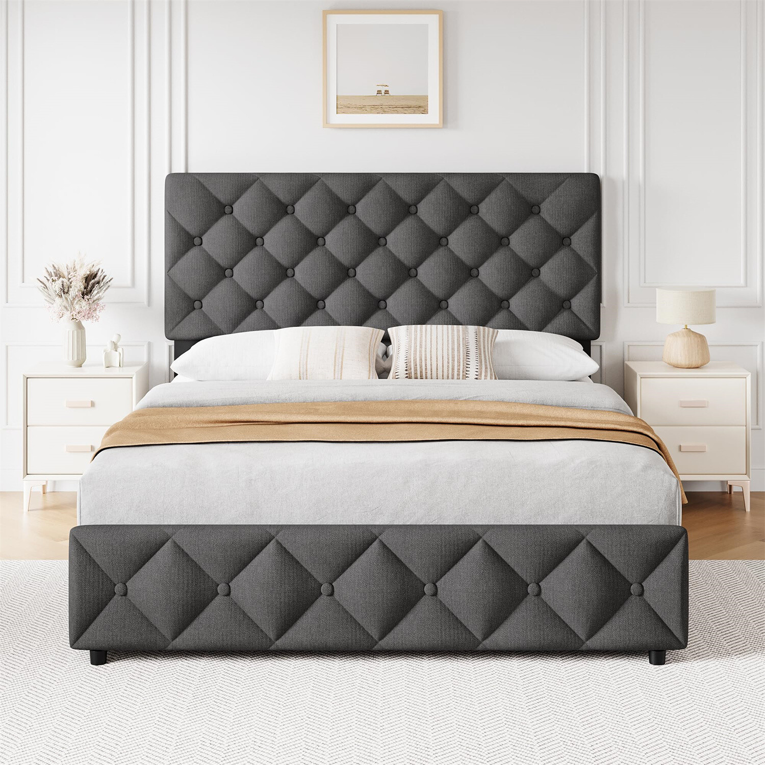 ✅Queen Size Bed Frame with 4 Storage Drawers and Headboard Upholstered Platform