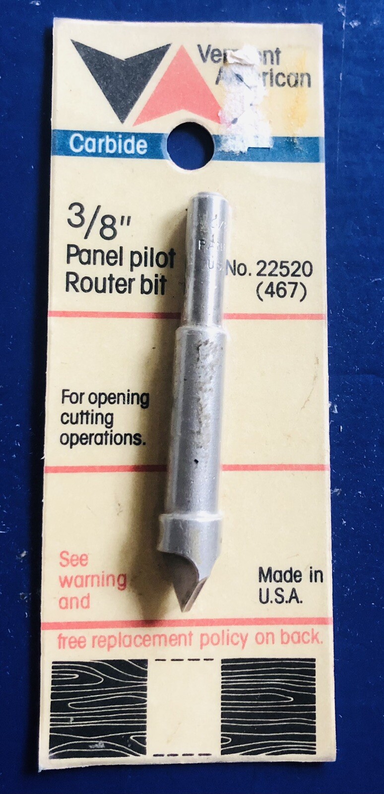 NOS Vermont American 3/8" Carbide Panel Pilot Router Bit No. 22520 (467)